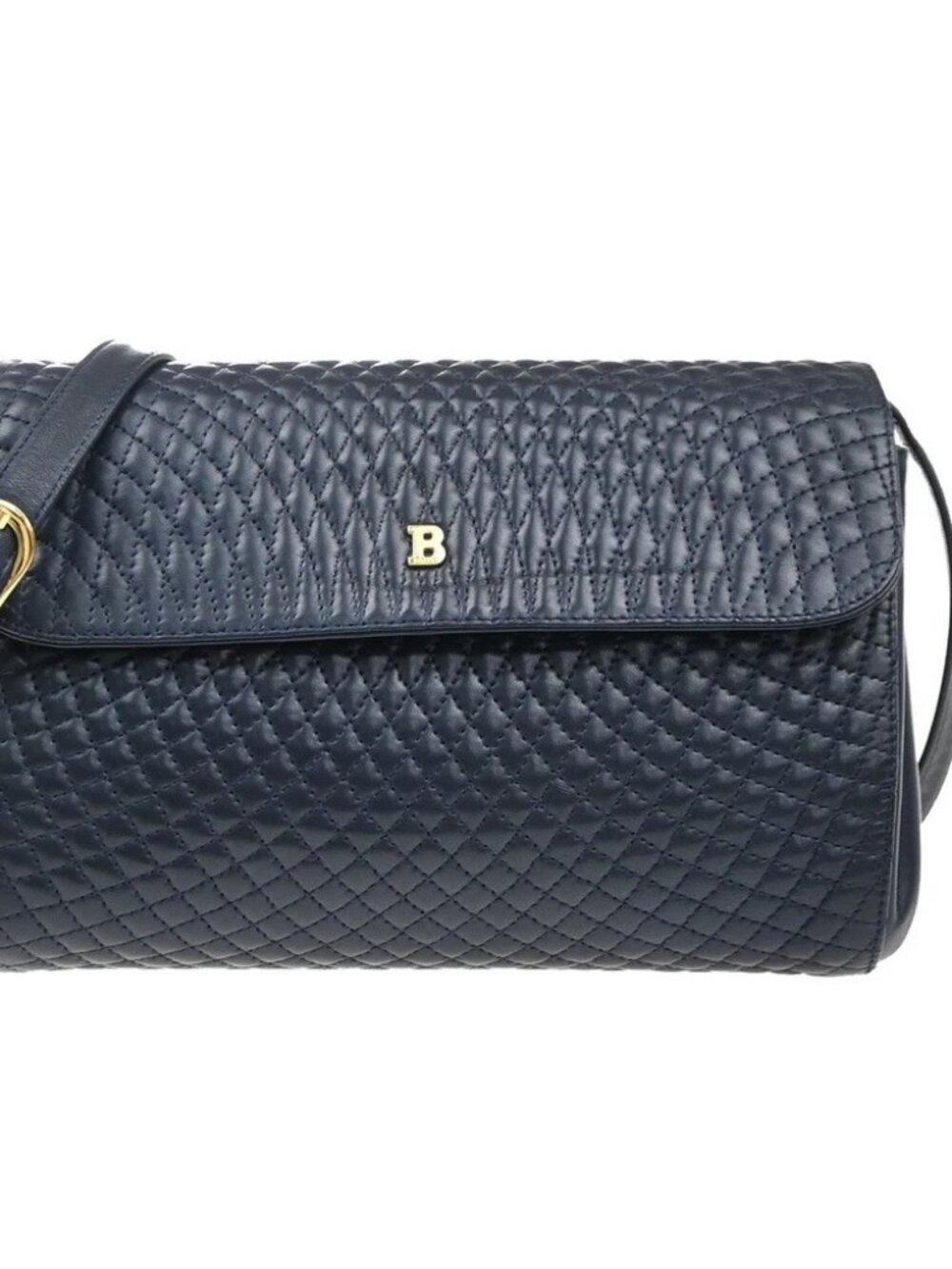 BALLY Logo Flap Shoulder Bag Quilted Leather Navy Blue GHW Italy 09MA548